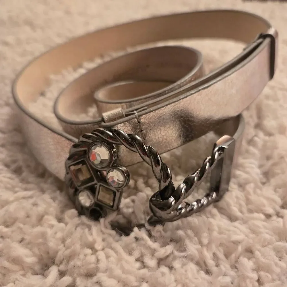 Chico's Silver Leather Belt Rhinestone Buckle M/L